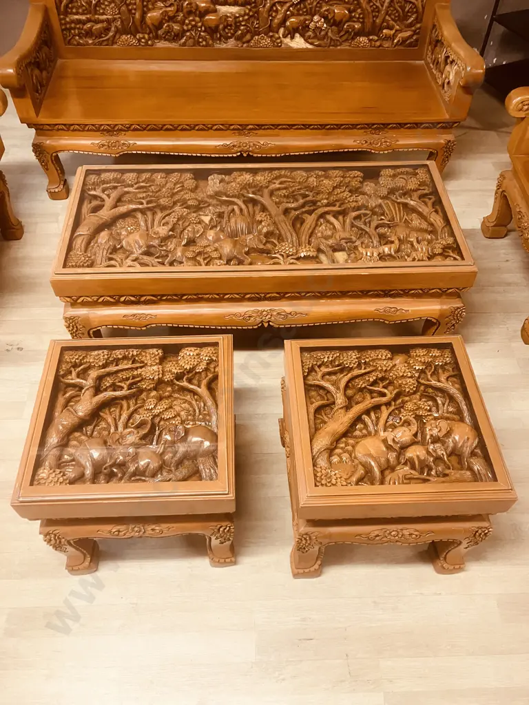 Vintage Thai Hand Carved Teak Elephant Design  Lounge Suite With Coffee Table & Pair Of Side Tables Image 1++