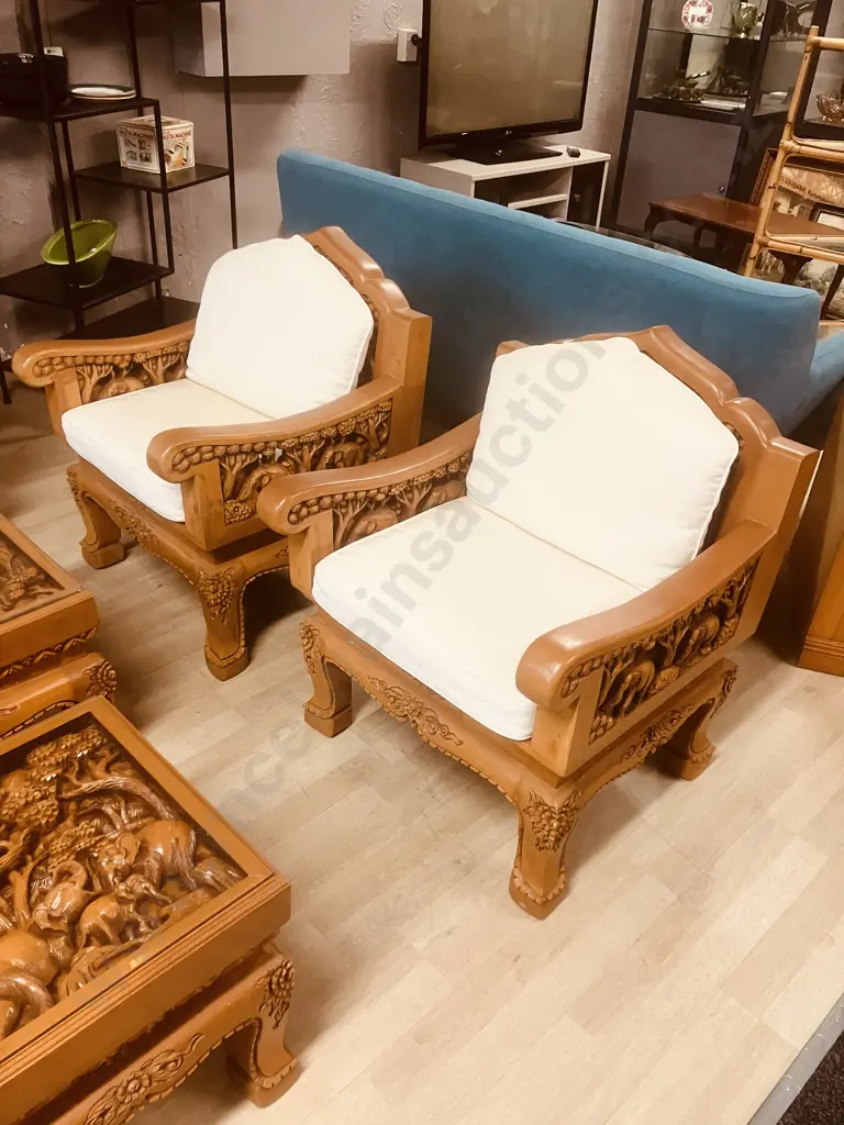 Vintage Thai Hand Carved Teak Elephant Design  Lounge Suite With Coffee Table & Pair Of Side Tables Image 1++