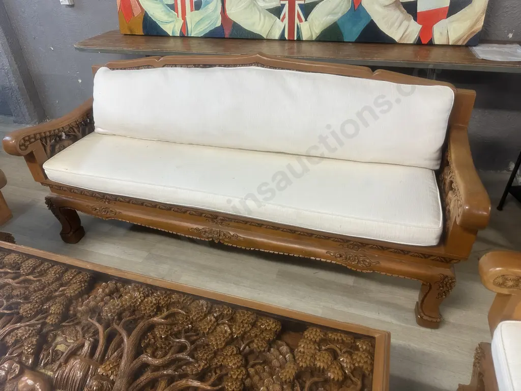 Vintage Thai Hand Carved Teak Elephant Design  Lounge Suite With Coffee Table & Pair Of Side Tables Image 1++