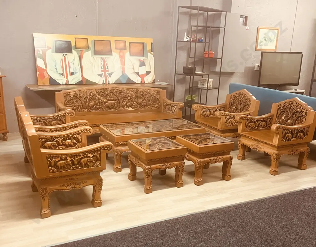 Vintage Thai Hand Carved Teak Elephant Design  Lounge Suite With Coffee Table & Pair Of Side Tables Image 1++