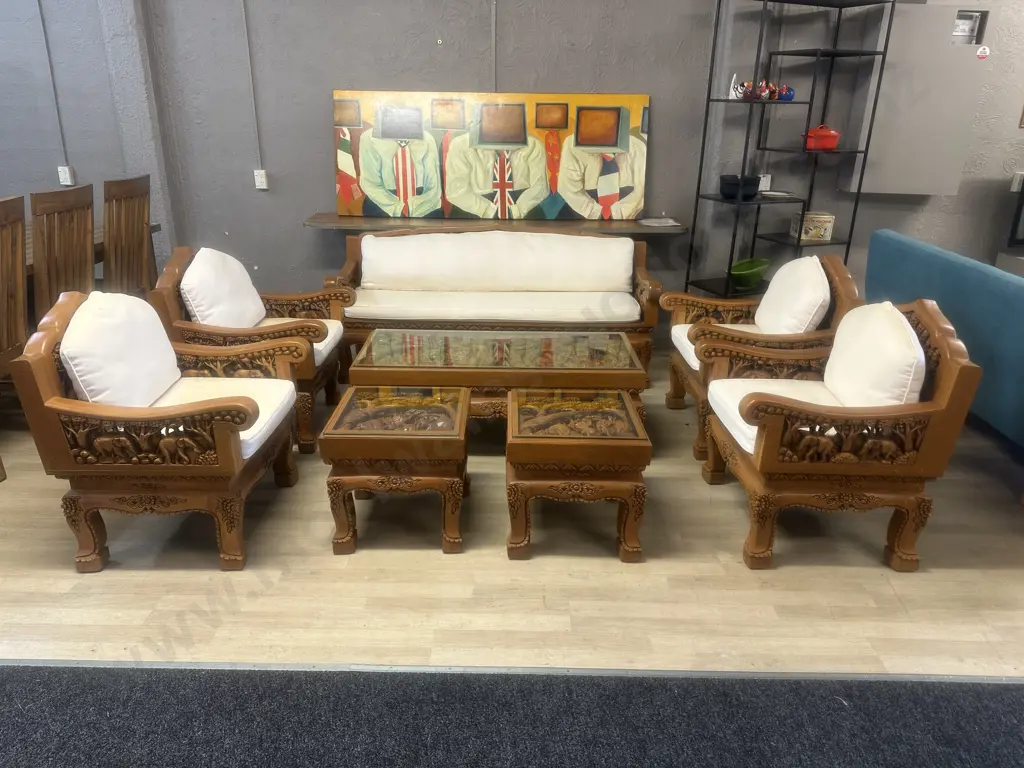 Vintage Thai Hand Carved Teak Elephant Design  Lounge Suite With Coffee Table & Pair Of Side Tables Image 1++