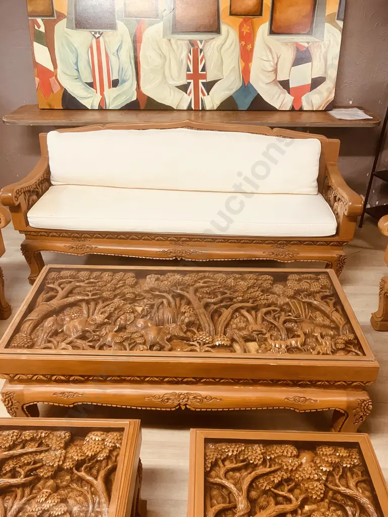 Vintage Thai Hand Carved Teak Elephant Design  Lounge Suite With Coffee Table & Pair Of Side Tables Image 1++