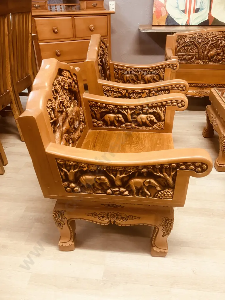 Vintage Thai Hand Carved Teak Elephant Design  Lounge Suite With Coffee Table & Pair Of Side Tables Image 1++