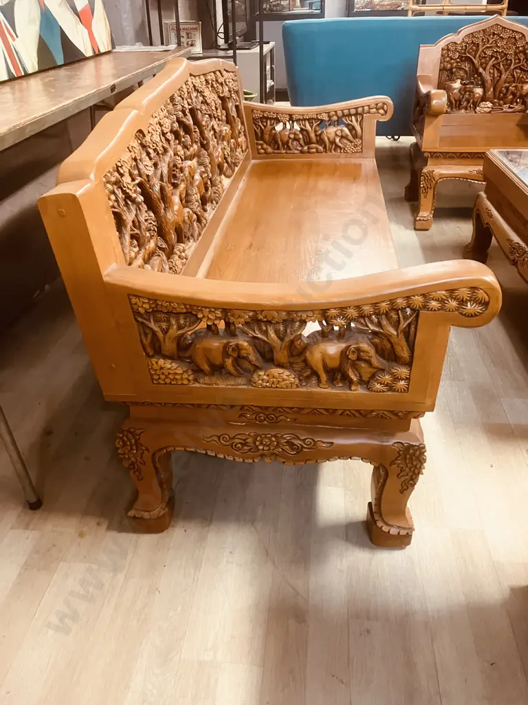 Vintage Thai Hand Carved Teak Elephant Design  Lounge Suite With Coffee Table & Pair Of Side Tables Image 1++