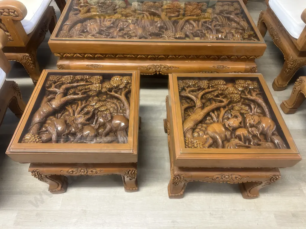 Vintage Thai Hand Carved Teak Elephant Design  Lounge Suite With Coffee Table & Pair Of Side Tables Image 1++