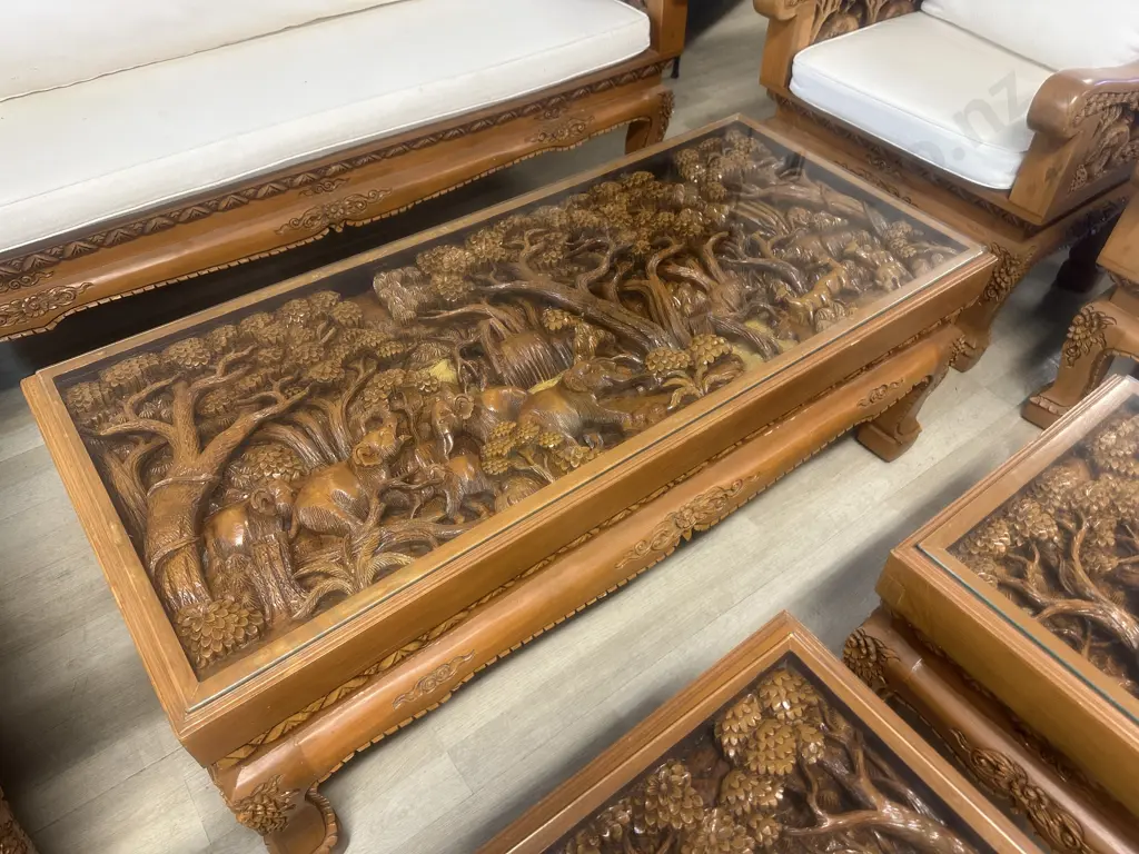 Vintage Thai Hand Carved Teak Elephant Design  Lounge Suite With Coffee Table & Pair Of Side Tables Image 1++