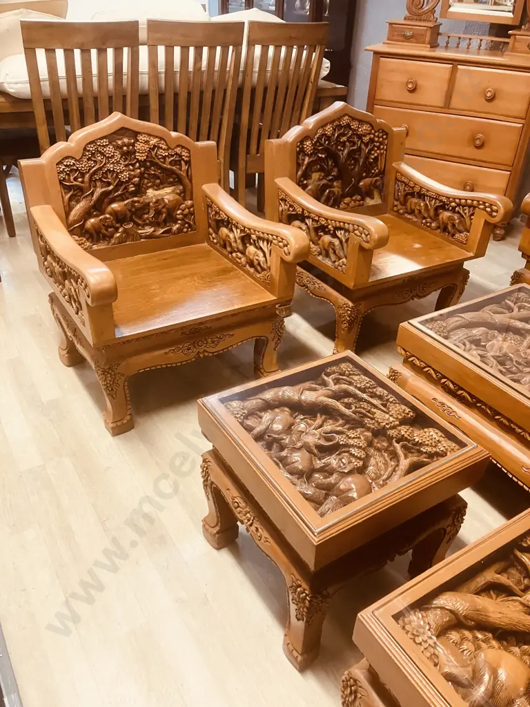 Vintage Thai Hand Carved Teak Elephant Design  Lounge Suite With Coffee Table & Pair Of Side Tables Image 1++