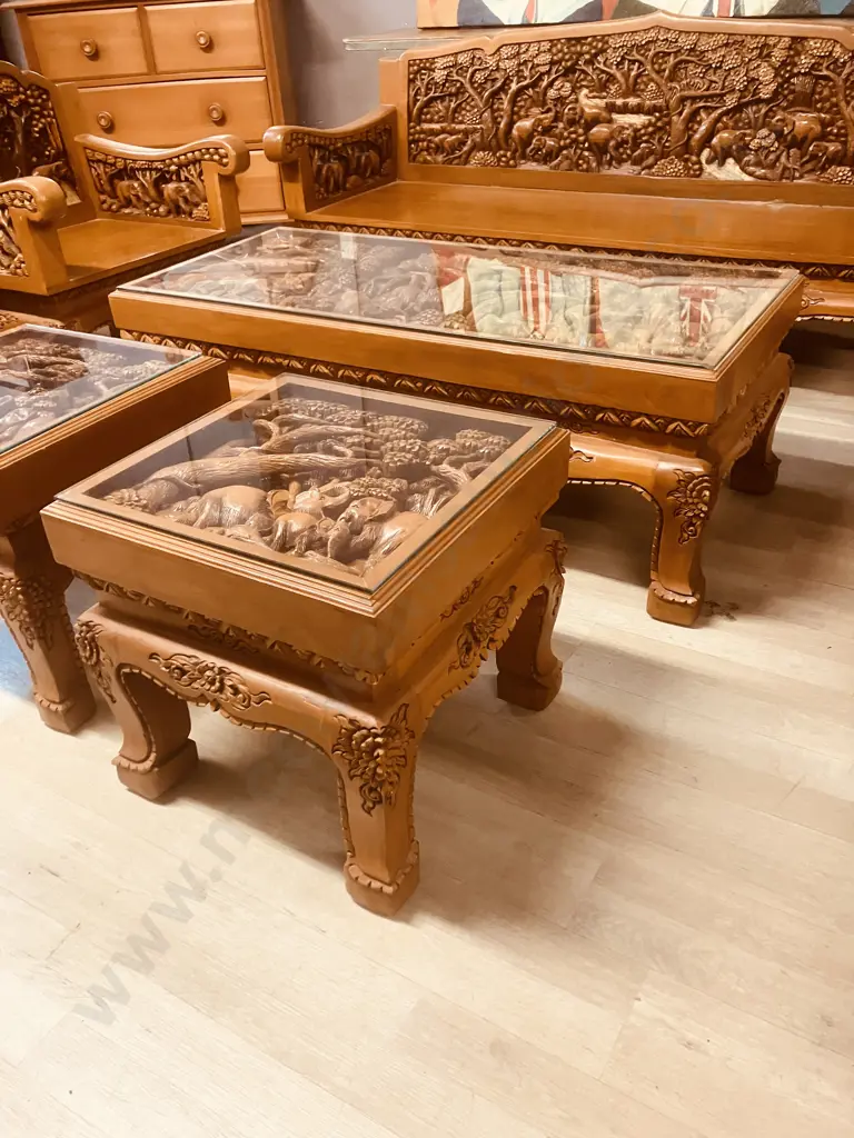 Vintage Thai Hand Carved Teak Elephant Design  Lounge Suite With Coffee Table & Pair Of Side Tables Image 1++