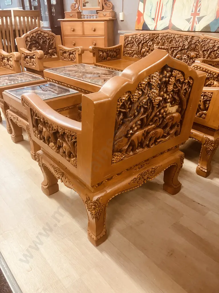 Vintage Thai Hand Carved Teak Elephant Design  Lounge Suite With Coffee Table & Pair Of Side Tables Image 1++