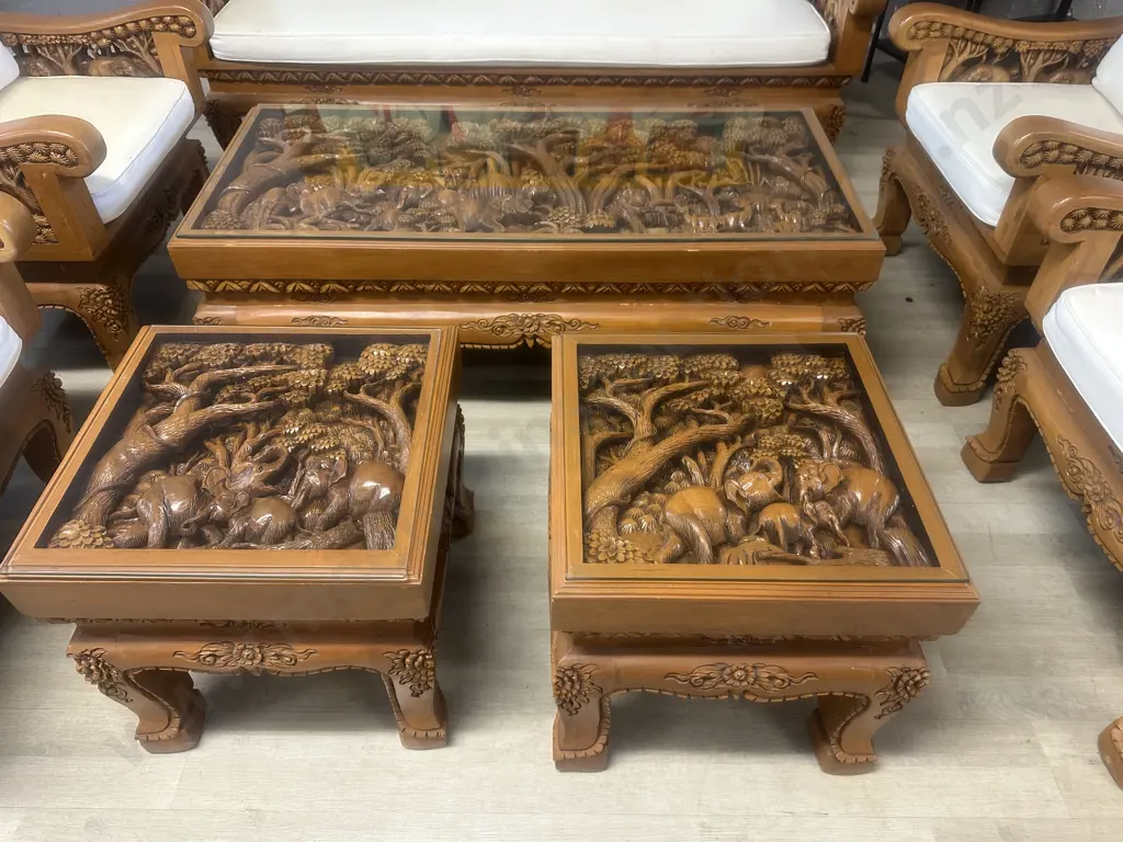 Vintage Thai Hand Carved Teak Elephant Design  Lounge Suite With Coffee Table & Pair Of Side Tables Image 1++