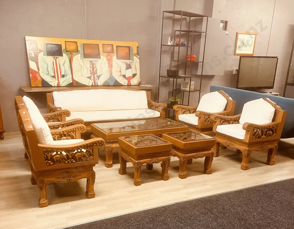 Vintage Thai Hand Carved Teak Elephant Design  Lounge Suite With Coffee Table & Pair Of Side Tables Image 1++