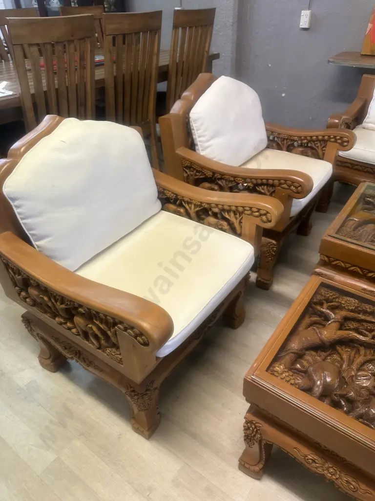 Vintage Thai Hand Carved Teak Elephant Design  Lounge Suite With Coffee Table & Pair Of Side Tables Image 1++