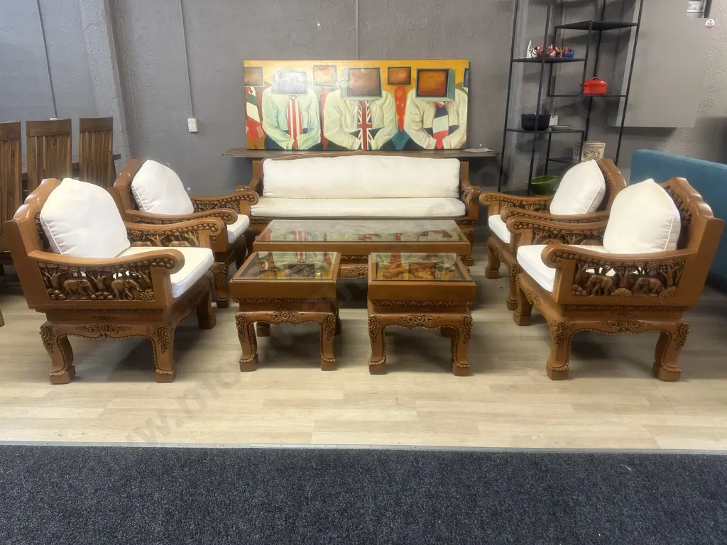 Vintage Thai Hand Carved Teak Elephant Design  Lounge Suite With Coffee Table & Pair Of Side Tables Image 1++