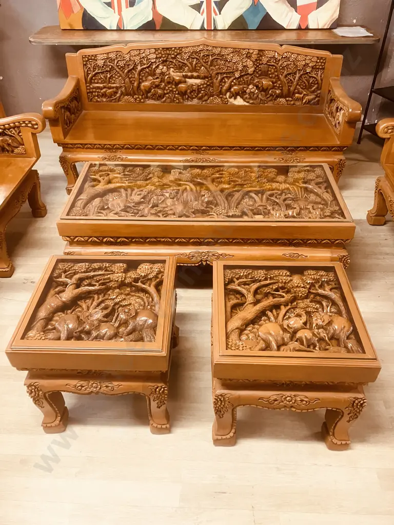 Vintage Thai Hand Carved Teak Elephant Design  Lounge Suite With Coffee Table & Pair Of Side Tables Image 1++
