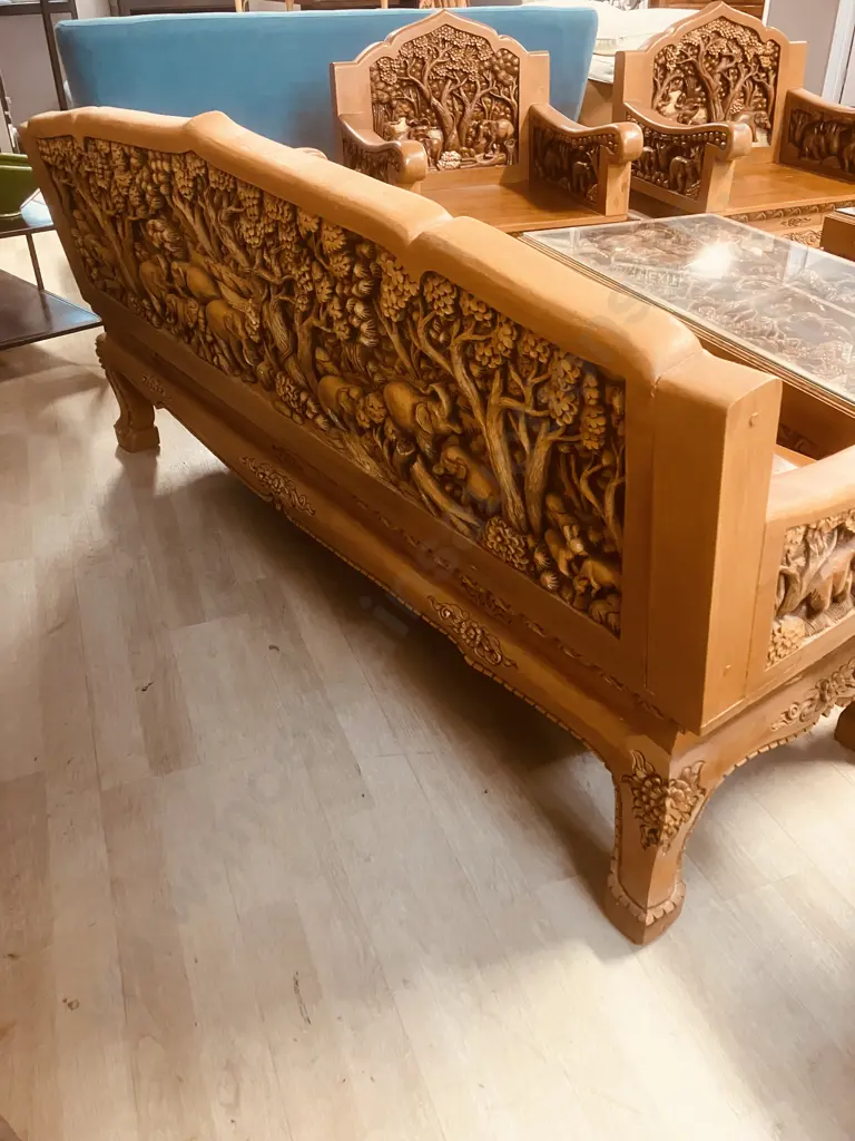 Vintage Thai Hand Carved Teak Elephant Design  Lounge Suite With Coffee Table & Pair Of Side Tables Image 1++