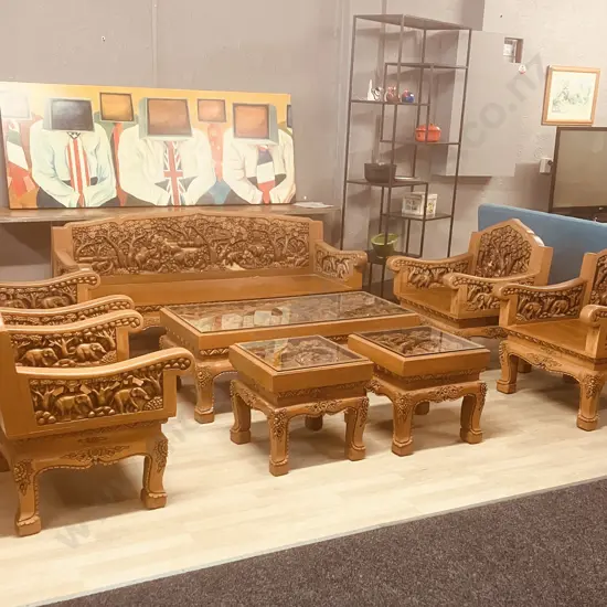 Vintage Thai Hand Carved Teak Elephant Design  Lounge Suite With Coffee Table & Pair Of Side Tables