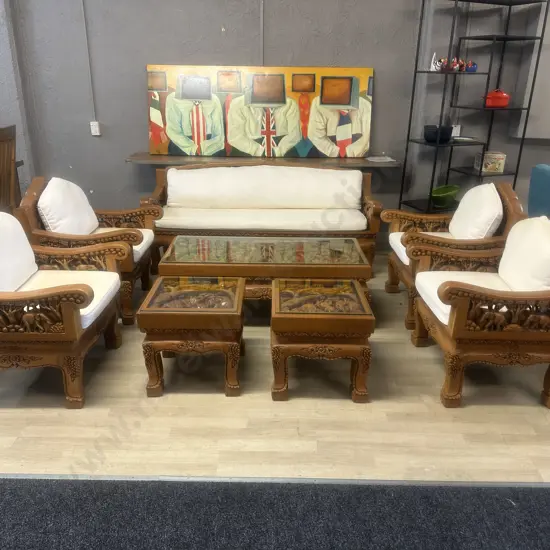 Vintage Thai Hand Carved Teak Elephant Design  Lounge Suite With Coffee Table & Pair Of Side Tables