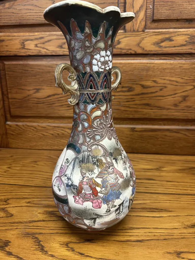 Antique Japanese Satsuma Style Vase Textured & Raised Detail With Double Handles (af to top, been repaired) H36.5cm. Image 1++