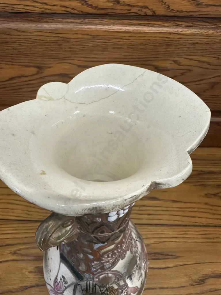 Antique Japanese Satsuma Style Vase Textured & Raised Detail With Double Handles (af to top, been repaired) H36.5cm. Image 1++