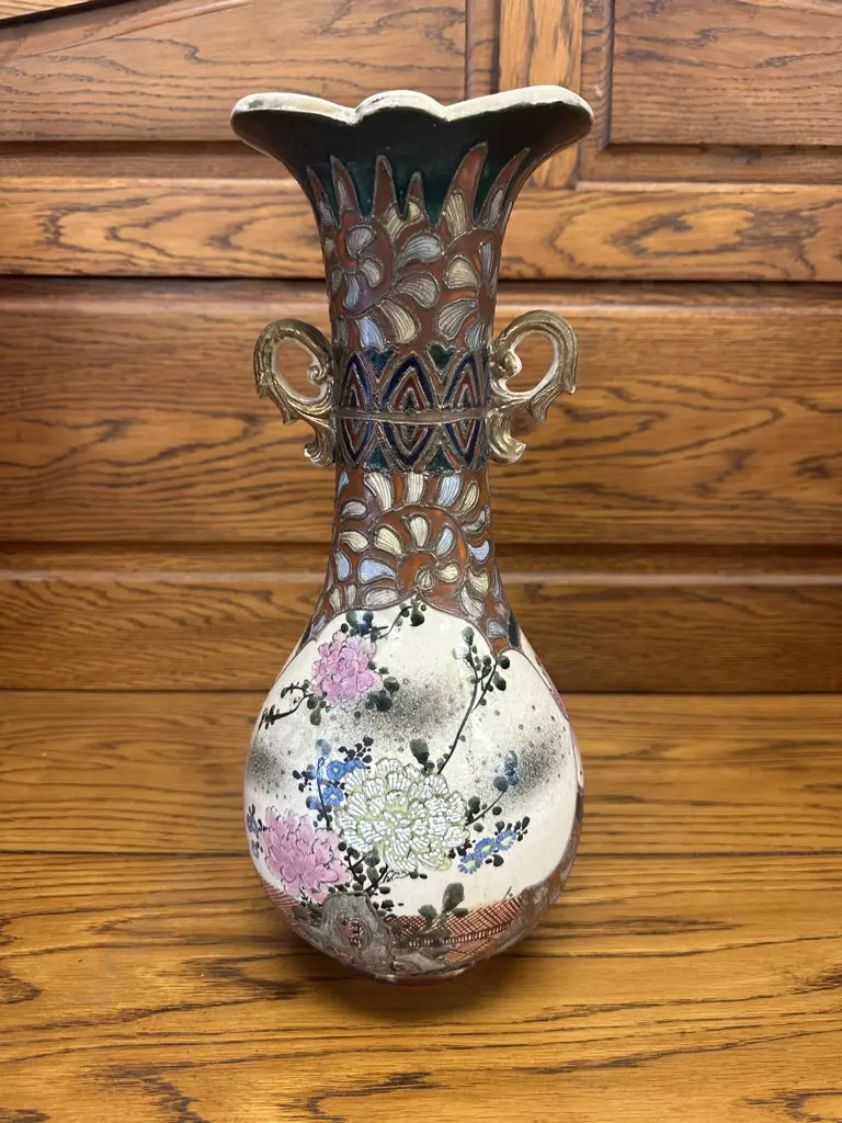 Antique Japanese Satsuma Style Vase Textured & Raised Detail With Double Handles (af to top, been repaired) H36.5cm. Image 1++