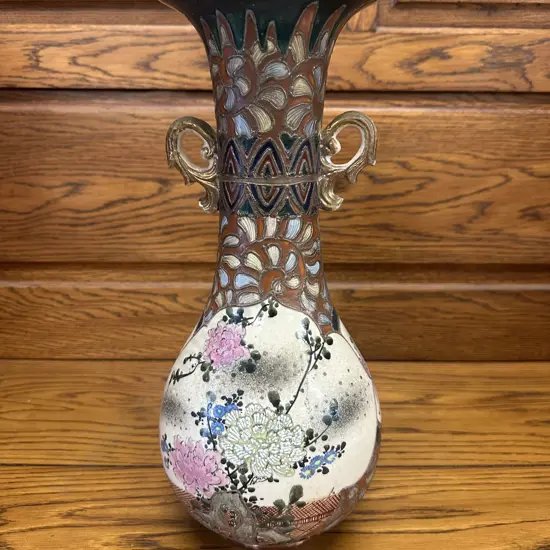 Antique Japanese Satsuma Style Vase Textured & Raised Detail With Double Handles (af to top, been repaired) H36.5cm.