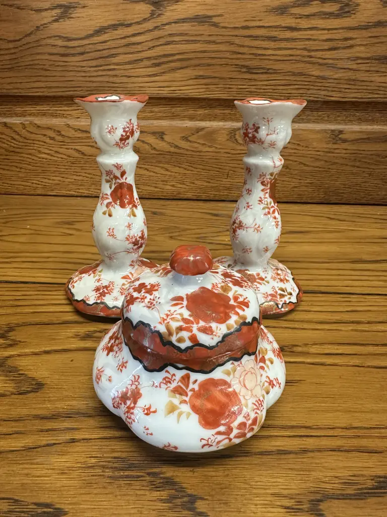 Vintage Japanese Imari Style Candle Holders & Lidded Dish (as found) Image 1++