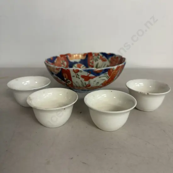 Antique Japanese Imari Porcelain Bowl, Scalloped Rim, (6 x 15cm) With Four Dishes