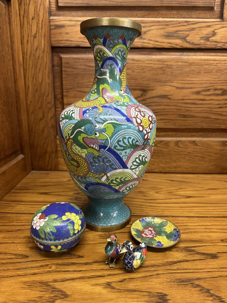 Vintage Cloisonne Items Including Vase, Trinket Dish Etc Image 1++