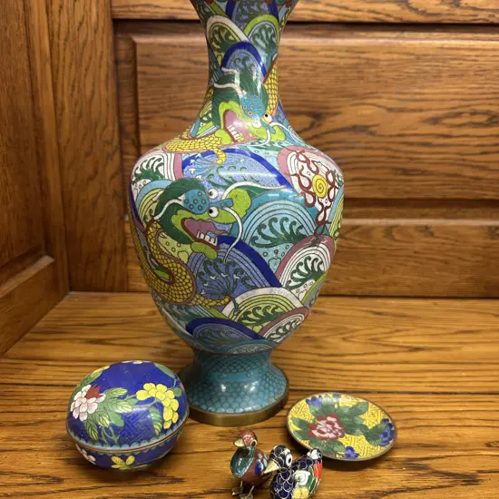 Vintage Cloisonne Items Including Vase, Trinket Dish Etc