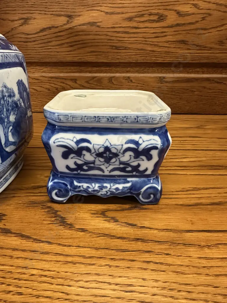 Square Blue & White Chinoiserie Vase With Plinth Base. 41cm (Stamped) Image 1++