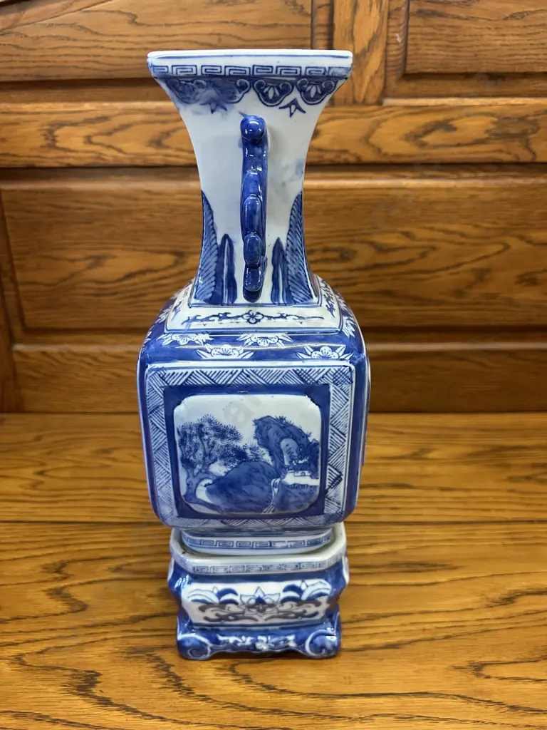 Square Blue & White Chinoiserie Vase With Plinth Base. 41cm (Stamped) Image 1++