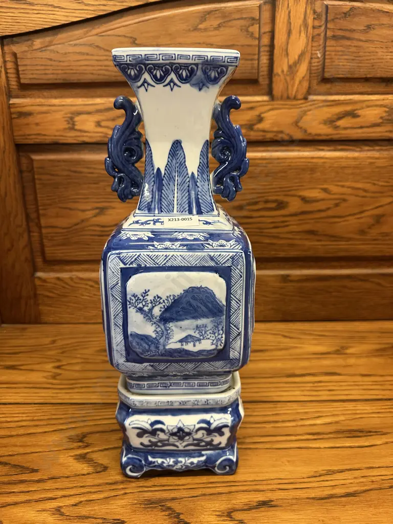 Square Blue & White Chinoiserie Vase With Plinth Base. 41cm (Stamped) Image 1++