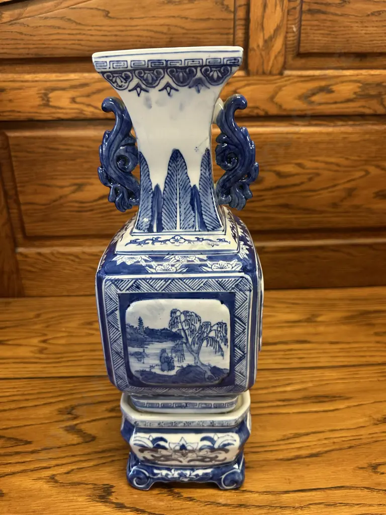 Square Blue & White Chinoiserie Vase With Plinth Base. 41cm (Stamped) Image 1++