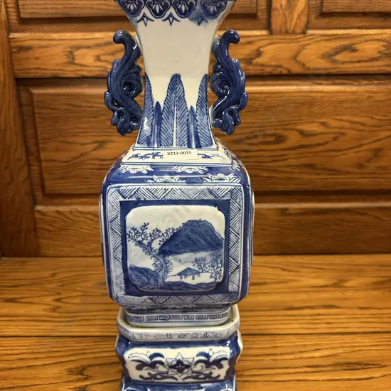 Square Blue & White Chinoiserie Vase With Plinth Base. 41cm (Stamped)