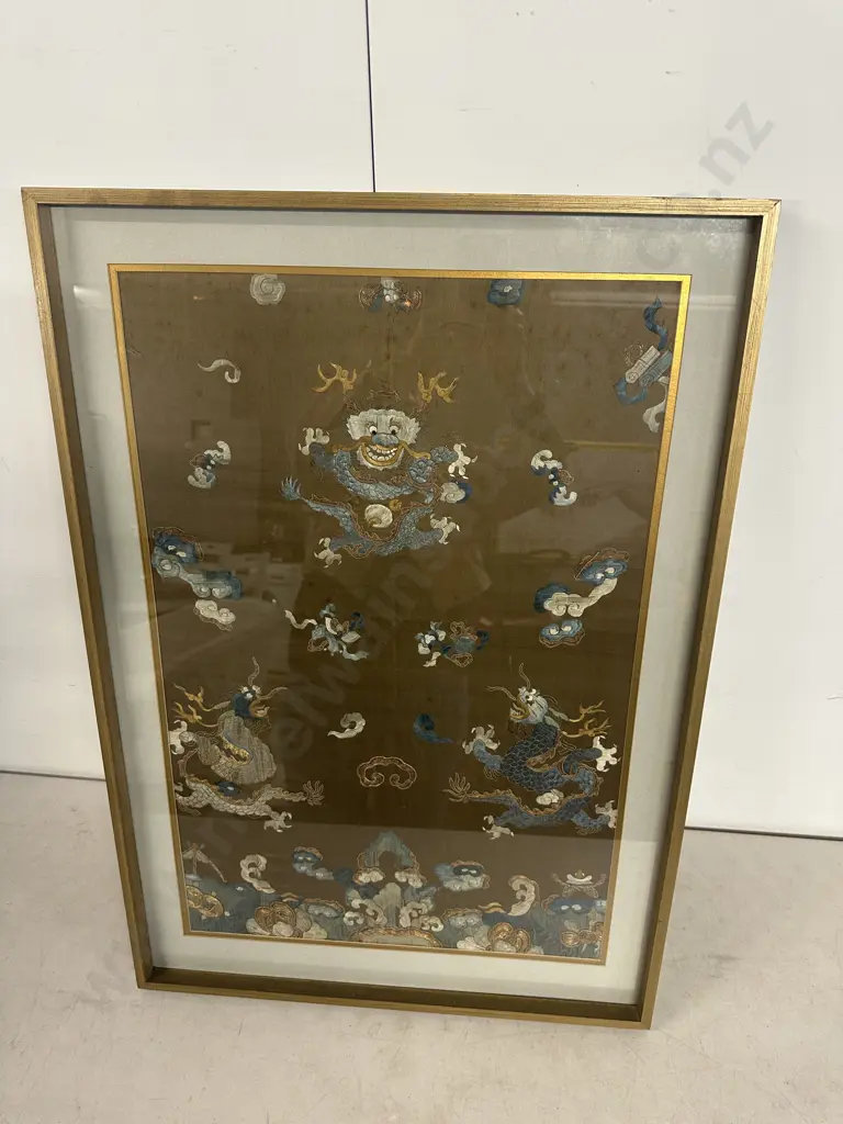 Framed Antique 'Three Dragons' Robe Piece. 84 x 58cm Image 1++