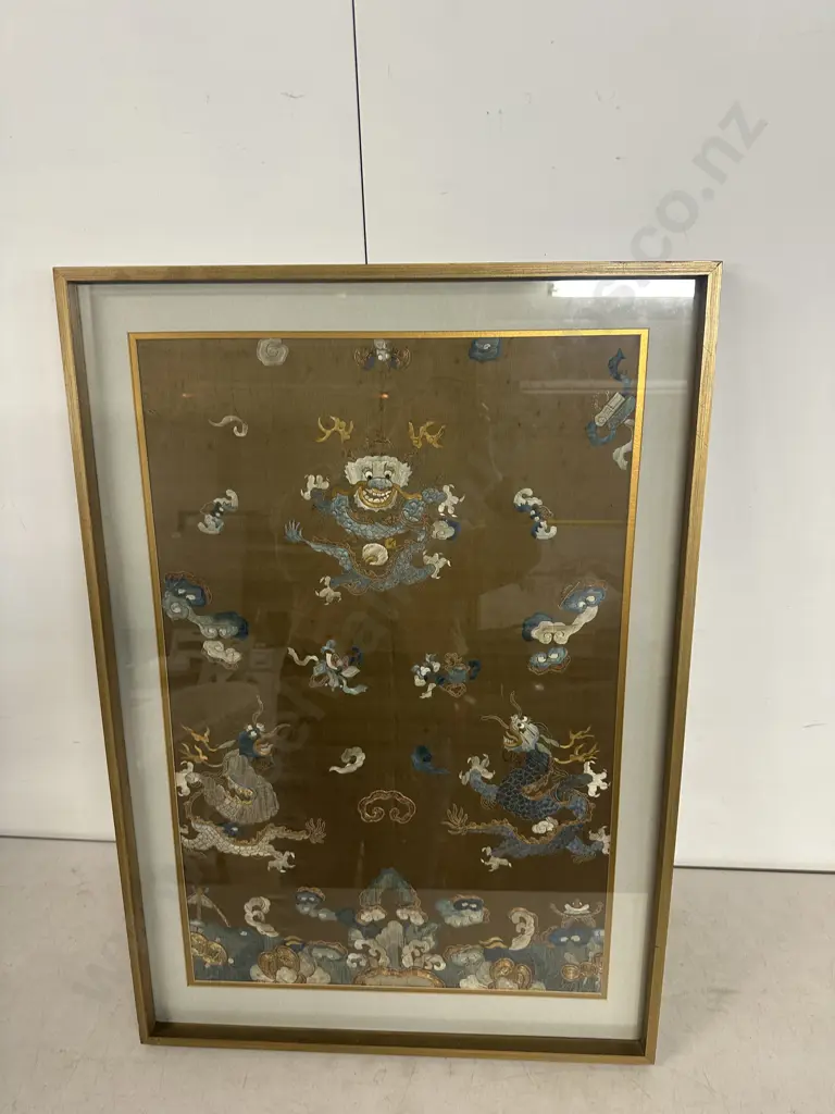 Framed Antique 'Three Dragons' Robe Piece. 84 x 58cm Image 1++