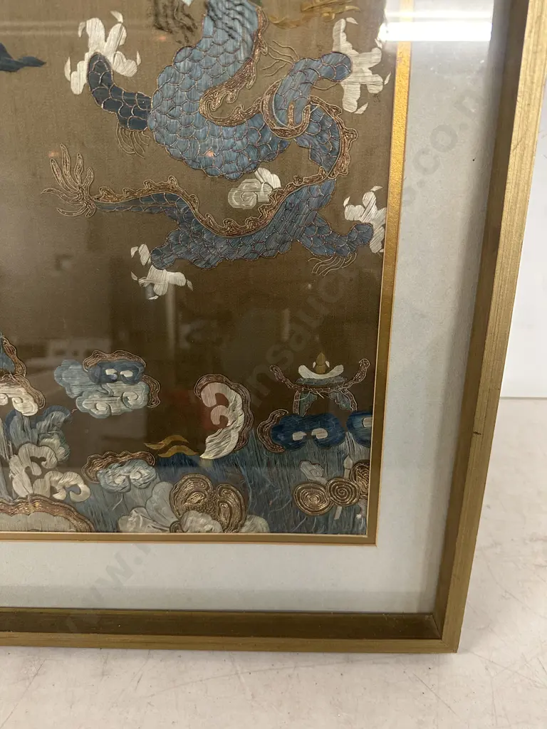 Framed Antique 'Three Dragons' Robe Piece. 84 x 58cm Image 1++