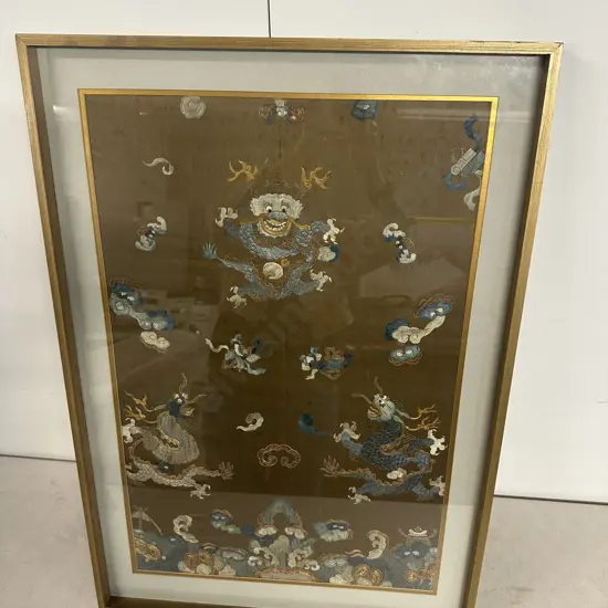 Framed Antique 'Three Dragons' Robe Piece. 84 x 58cm