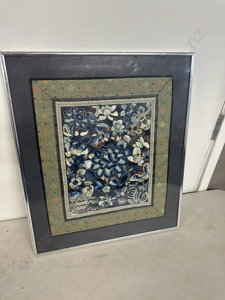 Framed Antique Chinese Silk Embroidered Panel Peony For 'Wealth & Spring'. 51 x 43cm Image 1++