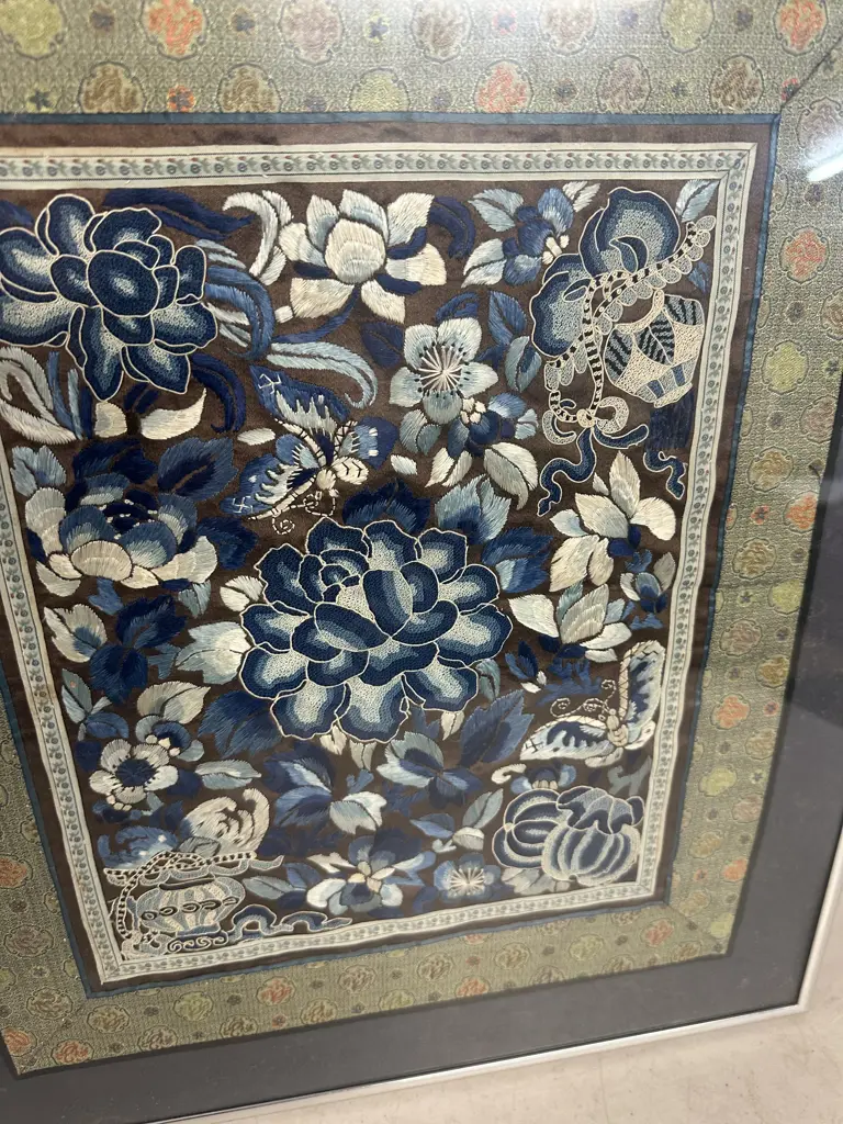 Framed Antique Chinese Silk Embroidered Panel Peony For 'Wealth & Spring'. 51 x 43cm Image 1++