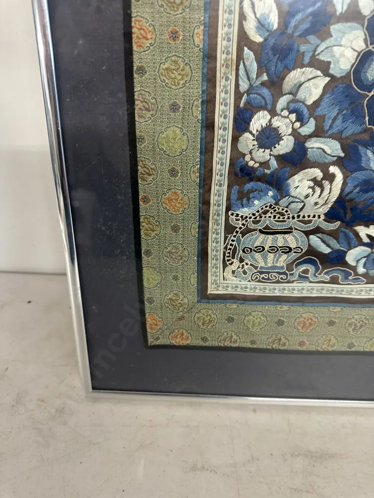 Framed Antique Chinese Silk Embroidered Panel Peony For 'Wealth & Spring'. 51 x 43cm Image 1++