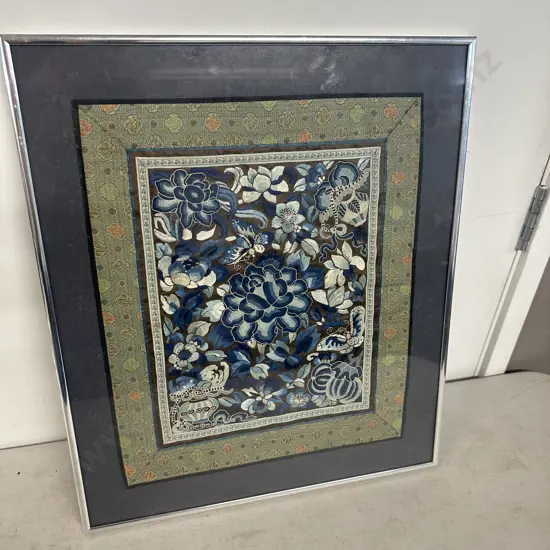 Framed Antique Chinese Silk Embroidered Panel Peony For 'Wealth & Spring'. 51 x 43cm