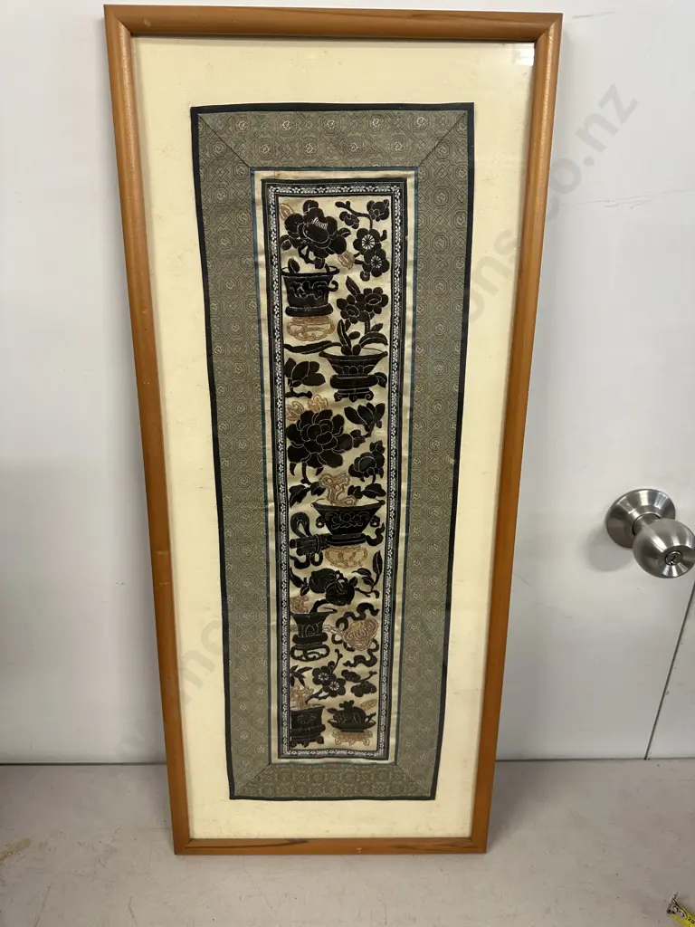 Framed Chinese Antique Embroidered Silk Panel. 73 x 31cm Image 1++