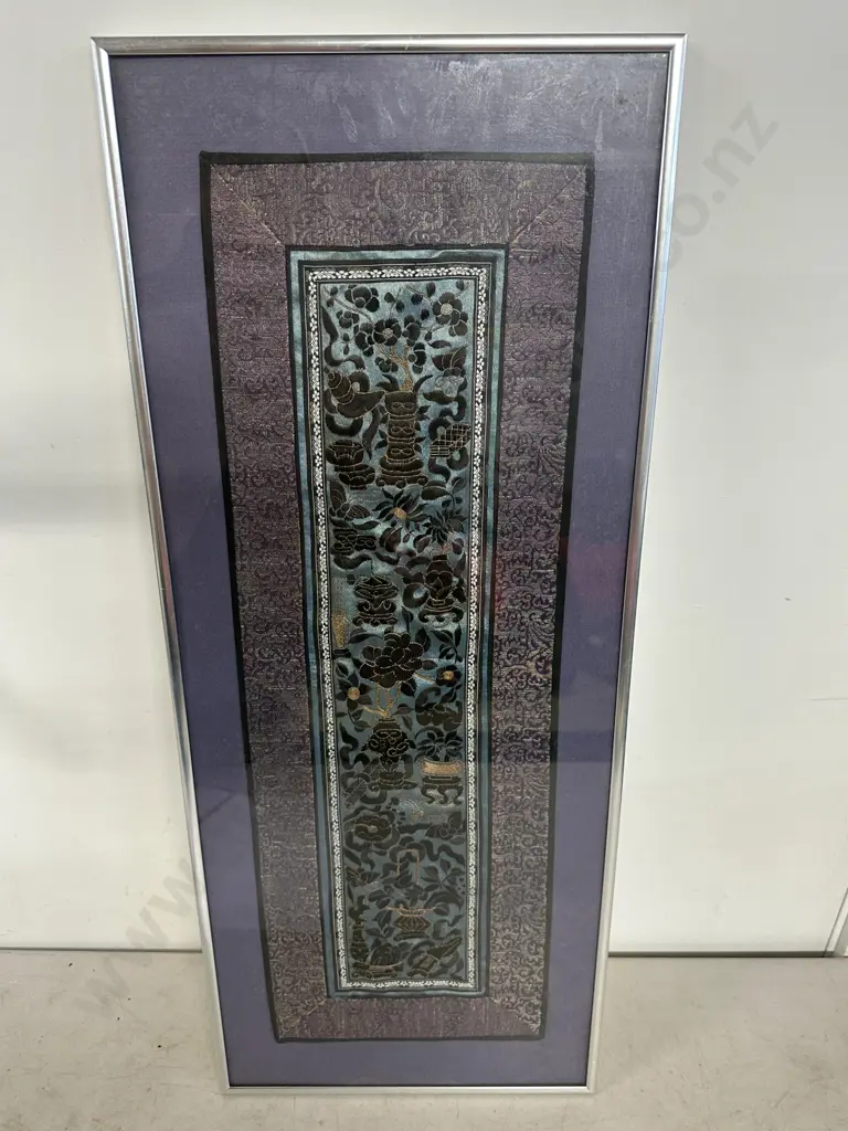 Framed Antique Chinese Vases of Flowers Fully Embroidered Silk Buddhist. 70 x 29cm Image 1++