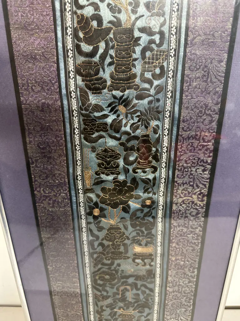 Framed Antique Chinese Vases of Flowers Fully Embroidered Silk Buddhist. 70 x 29cm Image 1++