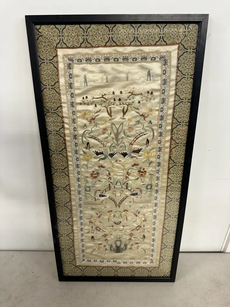 Framed Antique Chinese Embroidered Silk Panel With Birds & Butterfly's. 66 x 34cmcm Image 1++
