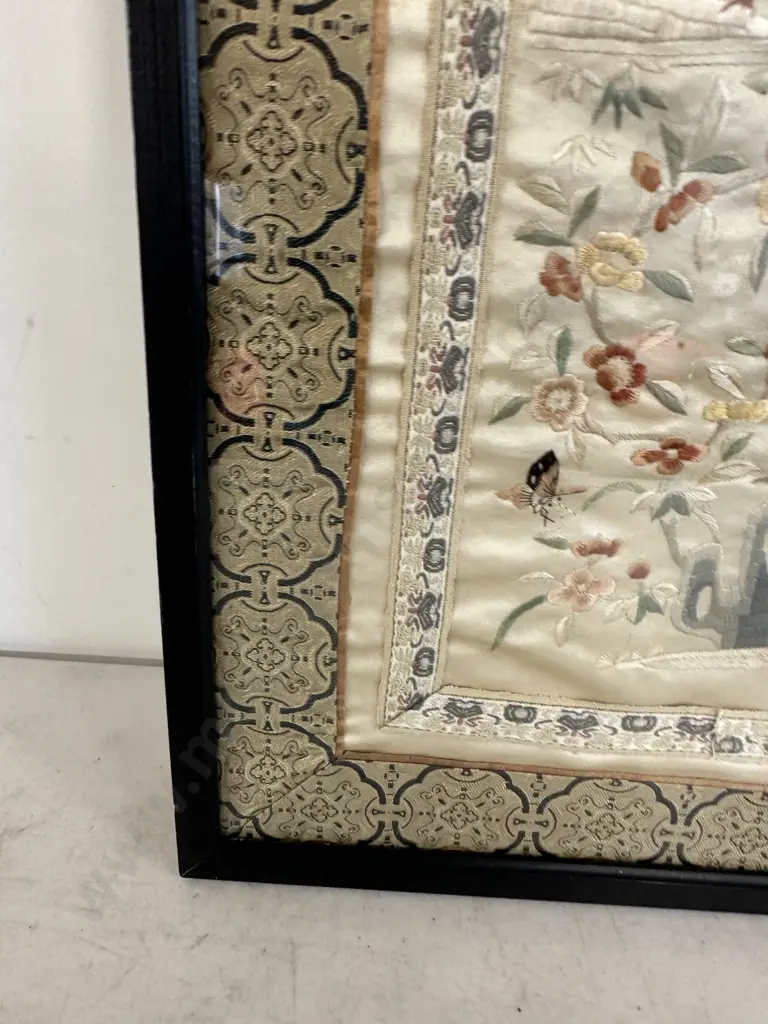 Framed Antique Chinese Embroidered Silk Panel With Birds & Butterfly's. 66 x 34cmcm Image 1++