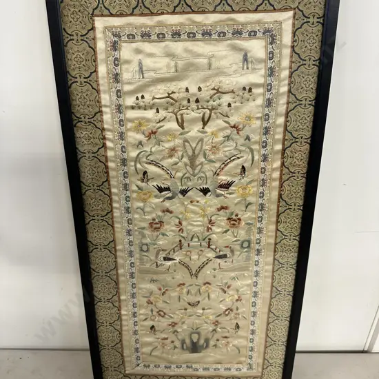 Framed Antique Chinese Embroidered Silk Panel With Birds & Butterfly's. 66 x 34cmcm