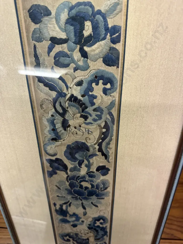 Framed Mid 19th Century Chinese Embroidered Sleeve Band - Peony Flowers Worked in Peking Knot Stitch. 65 x 26cm Image 1++