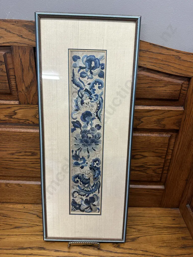 Framed Mid 19th Century Chinese Embroidered Sleeve Band - Peony Flowers Worked in Peking Knot Stitch. 65 x 26cm Image 1++